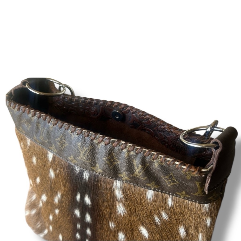 Axis Deer Hide Tooled Leather Tote Upcycled Louis Vuitton Inserts - Picture 10 of 17
